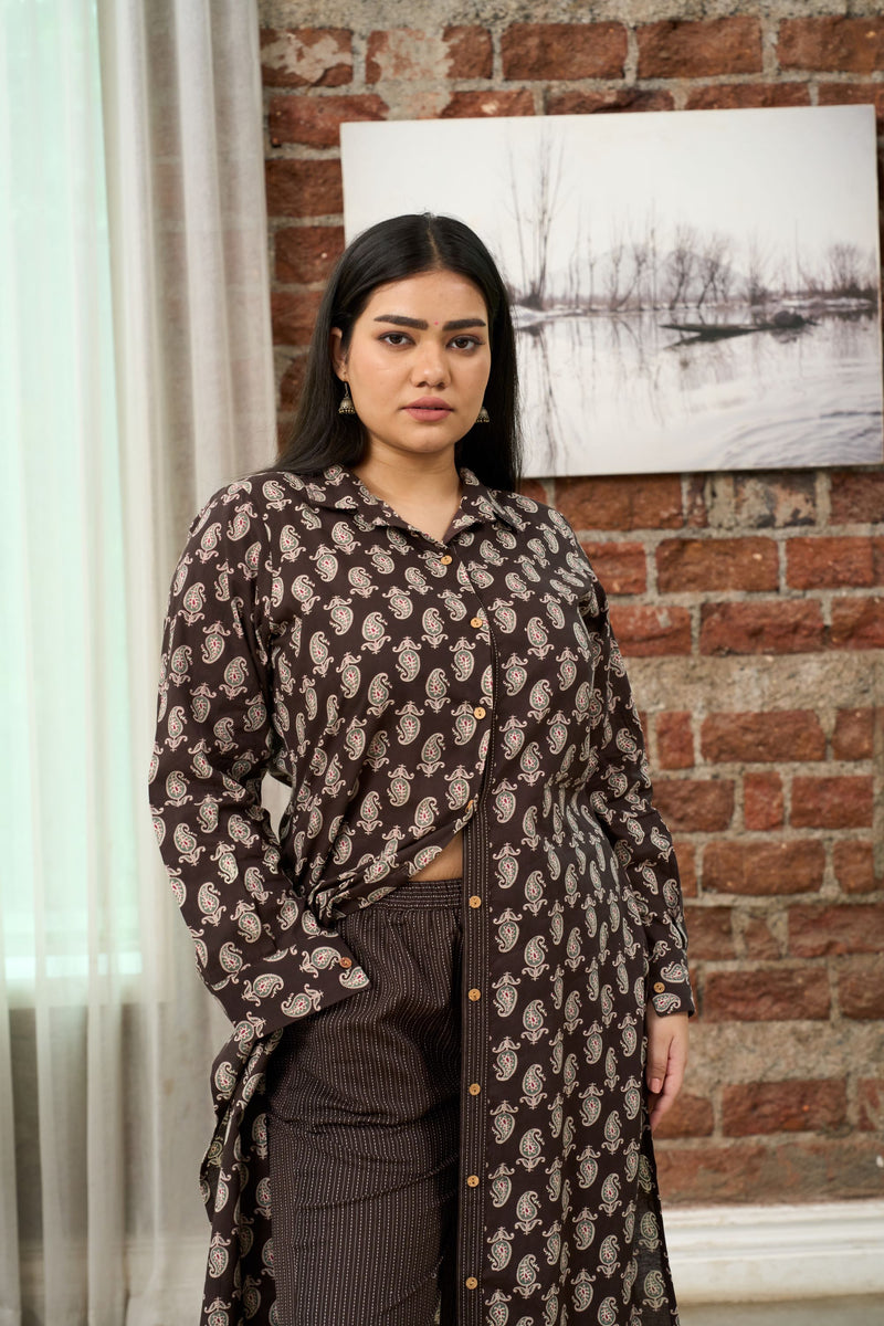 Brown Printed Kurta with Kantha Pants