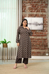 Brown Printed Kurta with Kantha Pants