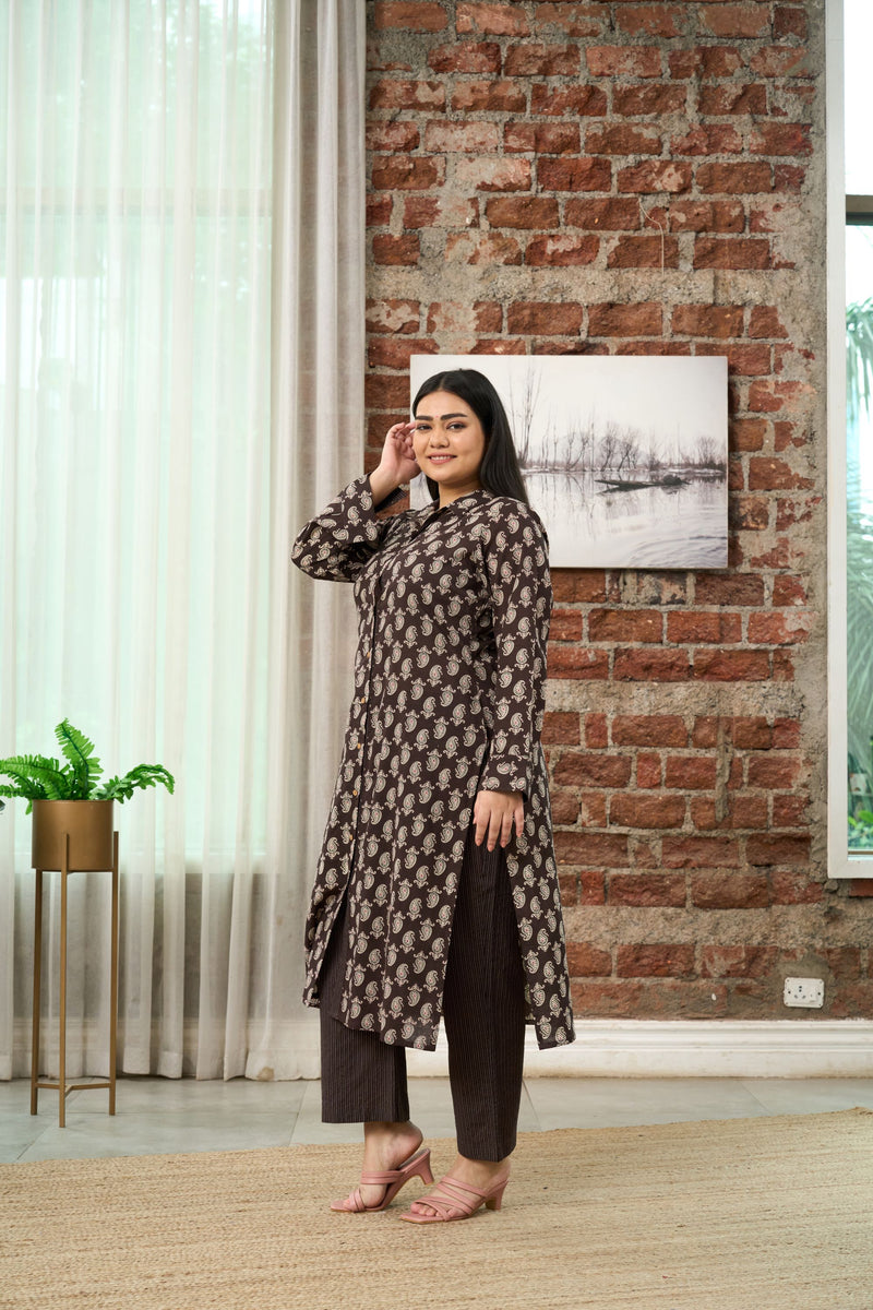 Brown Printed Kurta with Kantha Pants