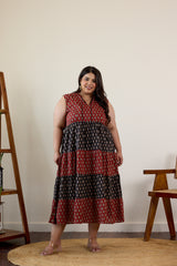 Maroon and Black Bagru Print Tiered Dress