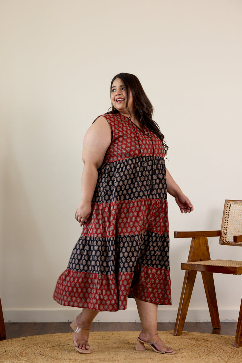 Maroon and Black Bagru Print Tiered Dress