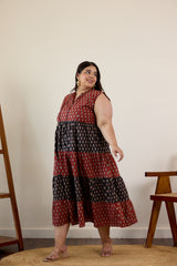 Maroon and Black Bagru Print Tiered Dress