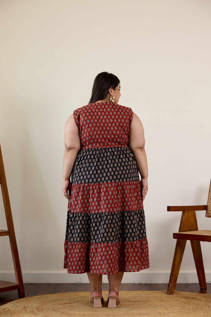 Maroon and Black Bagru Print Tiered Dress