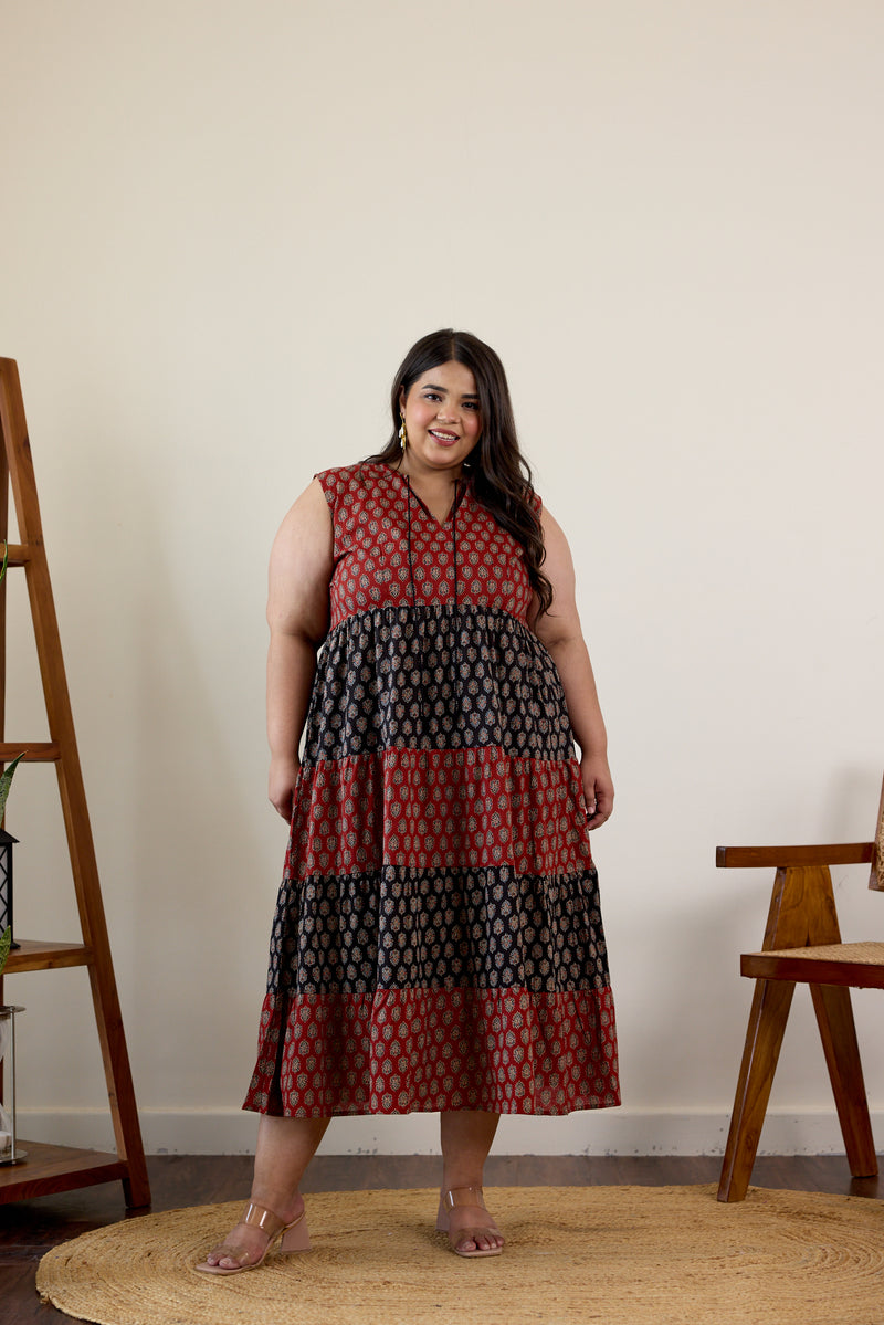 Maroon and Black Bagru Print Tiered Dress