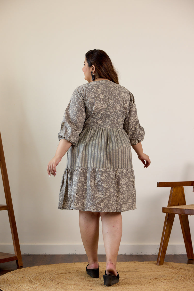 Grey Bagru Print Tiered Dress