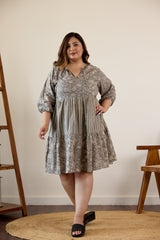 Grey Bagru Print Tiered Dress