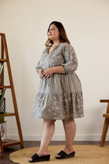 Grey Bagru Print Tiered Dress