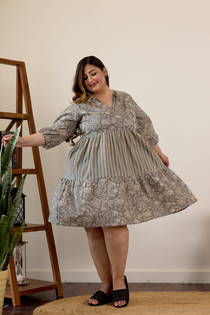 Grey Bagru Print Tiered Dress