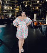 POWDER BLUE DIGITAL PRINT SATIN SHORT DRESS