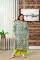 Floral-Printed Teal and Lime Green Kurta Set - (Set of 2)