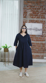 Navy Blue V-Neck Midi Dress with Gathered Waist