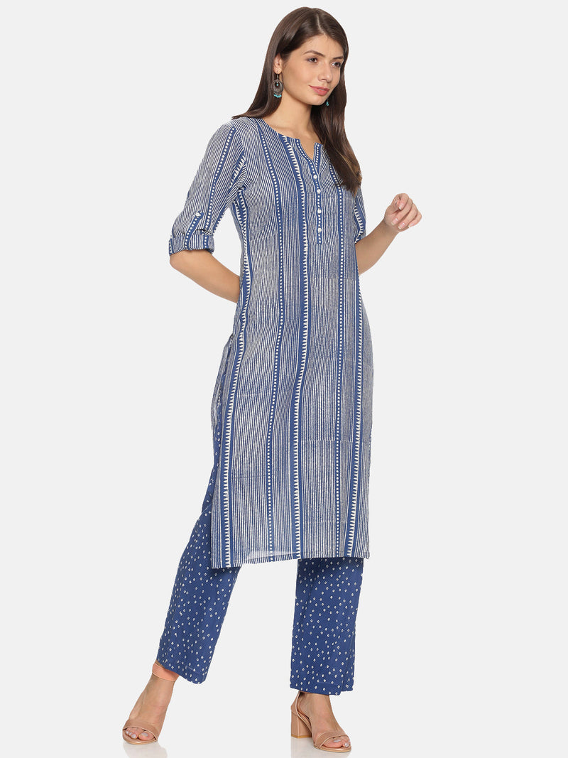 Blue Printed Cotton Kurta Set | NR