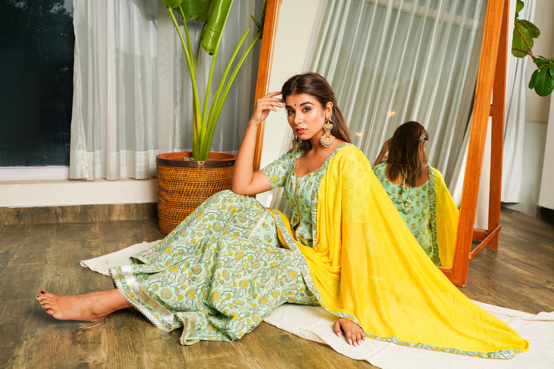 Mint Yellow Gotta Lace Sharara Set Regular Size - (Set of 3)