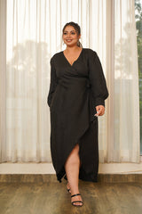 Black Modal Wrap Gown With Slit - Plus Size