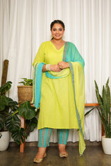 Lime Green Straight Kurta Suit Set - (Set of 3)