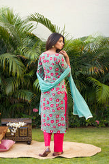 Green Red Floral Kurta Set