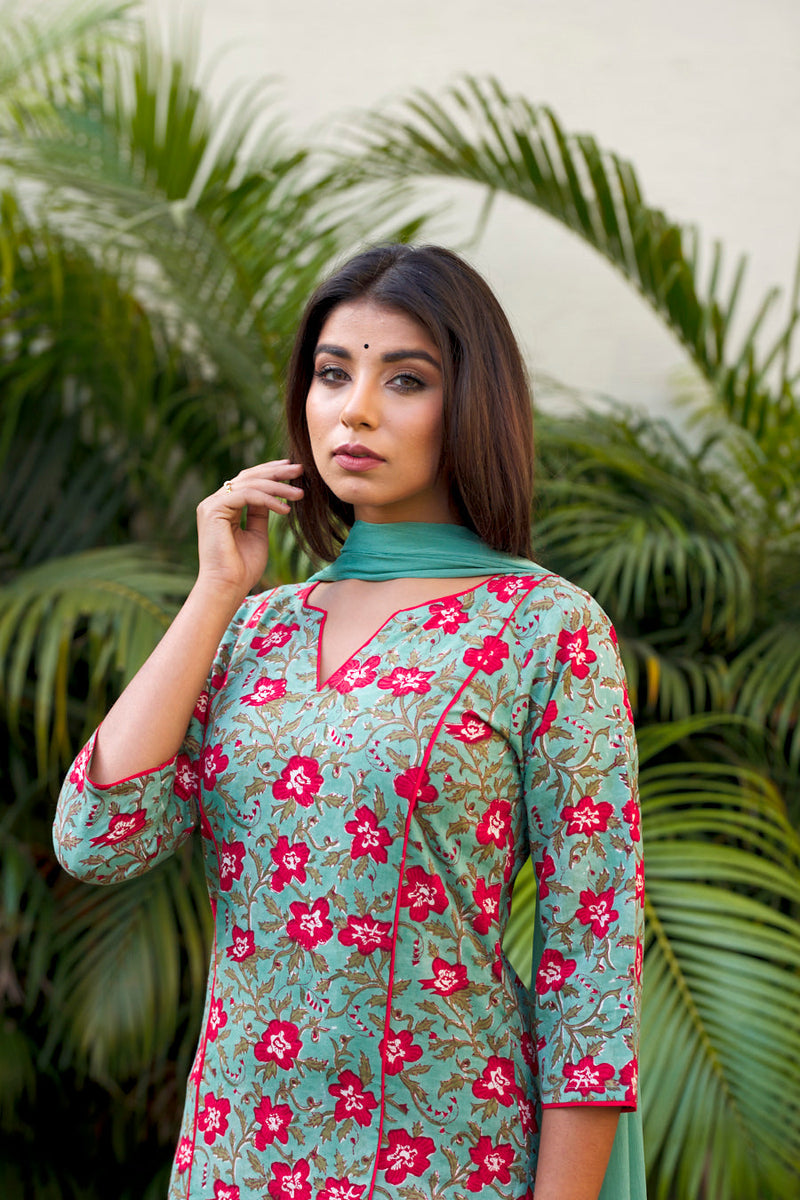 Green Red Floral Kurta Set