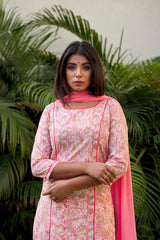 Peach Floral Kurta Dupatta Set - (Set of 3)