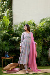 Pink Grey Floral Anarkali Set