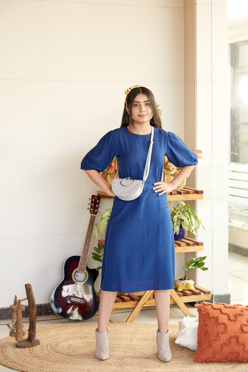 Blue Puff Sleeve Linen-Blend Midi Dress-Regular Size