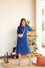 Blue Puff Sleeve Linen-Blend Midi Dress-Regular Size