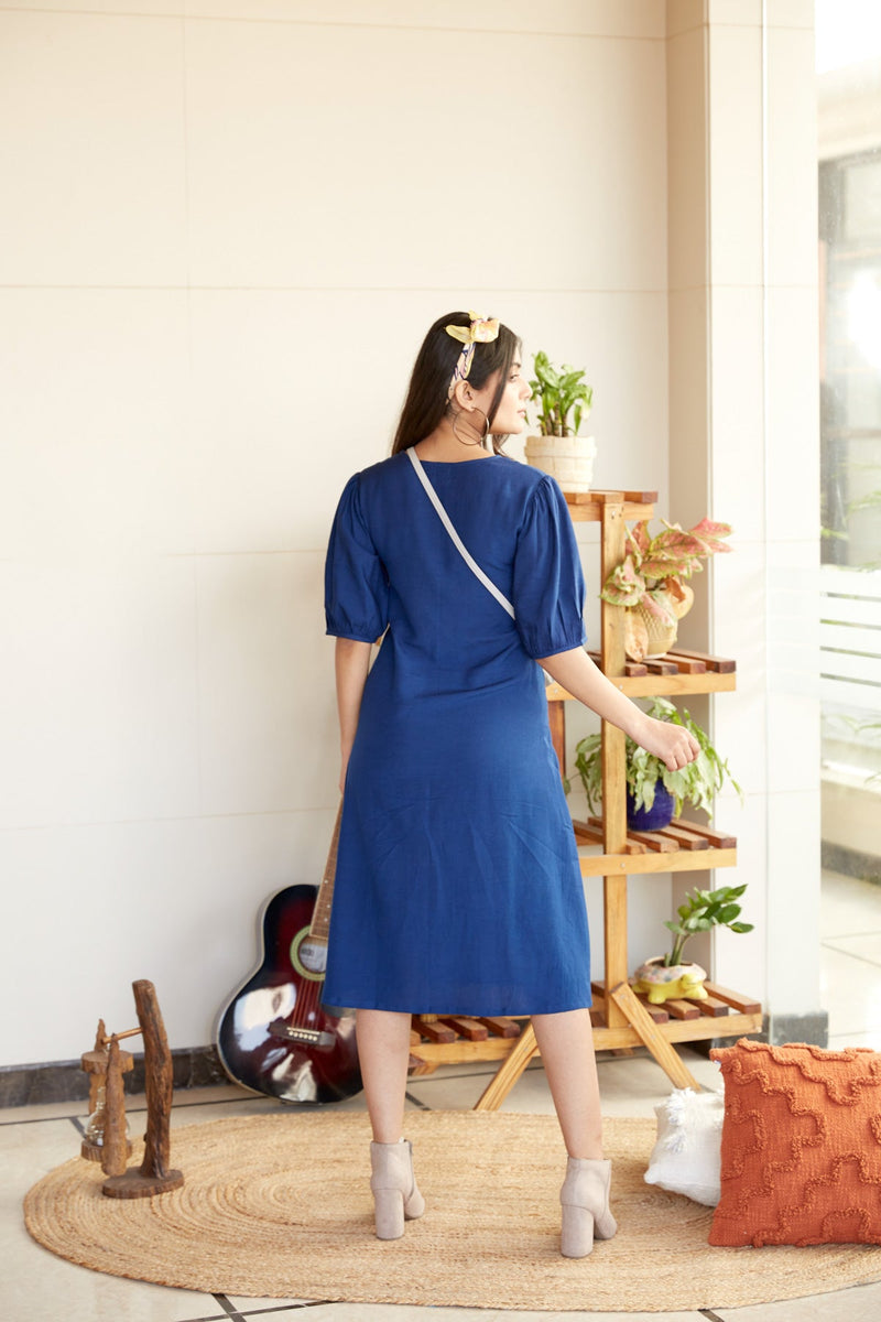 Blue Puff Sleeve Linen-Blend Midi Dress-Regular Size