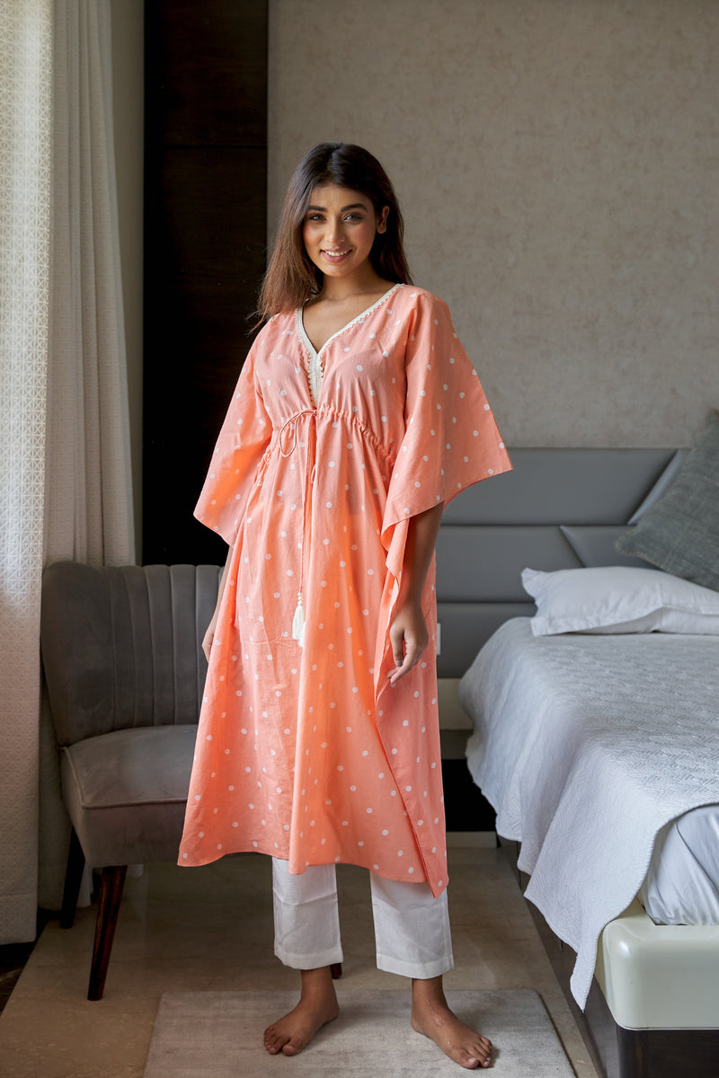 Peach Polka Cotton Kaftan Set