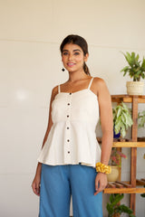 Off White Linen-Blend Peplum Top